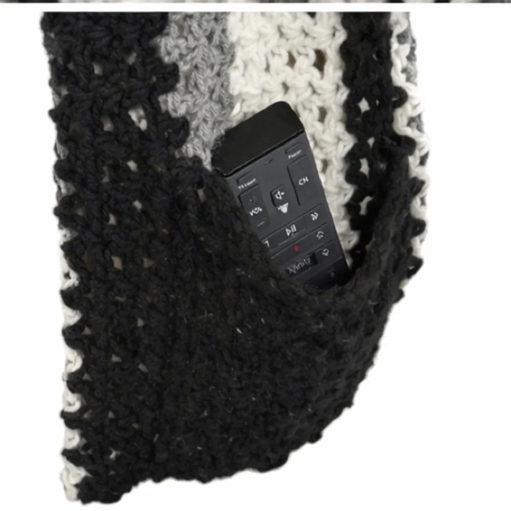 Handmade Crochet Pocket Shawl Black Gray White Striped Wrap 80”